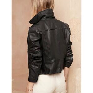 VTG Banana Republic 90s Y2k Women Black Buttery Leather Moto Aviator Jacket Sz S